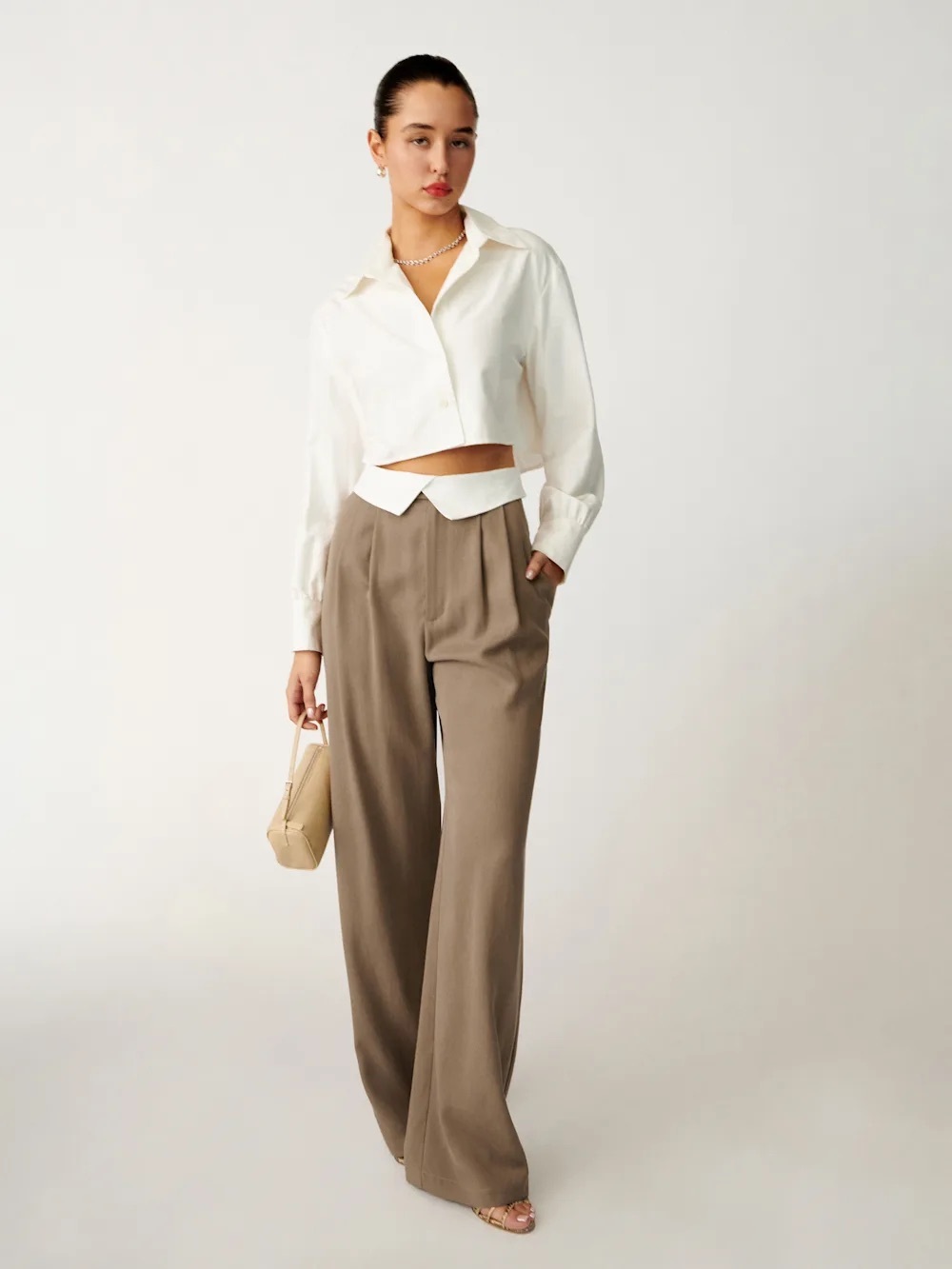 Reformation Stevie Pleated Wide Leg Pant In Mushroom Size 6 - Picture 14 of 14